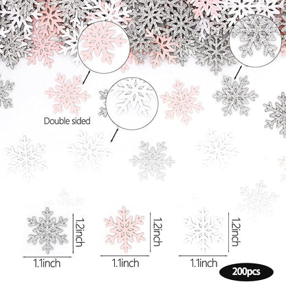 200PC White Pink Silver Snowflake Confetti for Winter Wonderland Decorations Small Snowflakes Table Scatter for Winter Onederland Christmas Birthday Baby Shower Party Table Decor Supplies