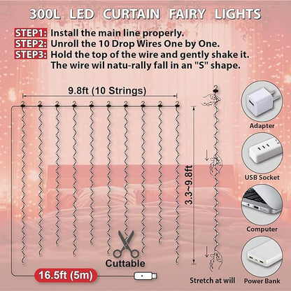 HXWEIYE 300LED Fairy Curtain Lights, 9.8x9.8Ft USB Plug-in 8 Modes Christmas String Hanging Lights with Remote for Bedroom Backdrop Wedding Party Indoor Wall Decor, Red