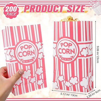 200 Pcs Paper Popcorn Bags Bulk 2 oz Large Flat Bottom Boxes Red and White Disposable Container Sleeve Movie Night Popcorn Bucket for Retro Movie Themed Party Carnival Supplies (Pink and White)