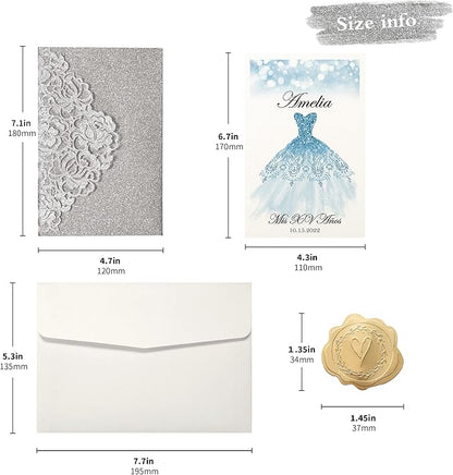 DORIS HOME 50pcs Laser Cut Quinceanera Invitations Silver Glitter, 4.7x7.1 Personalized Quince Invitations for 15th Birthday, Invitation cards for Sweet 16 with Envelopes