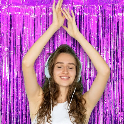 2 Pack Purple Tinsel Foil Fringe Curtains, Purple Party Decorations, Metallic Tinsel Party Streamers Backdrop for Halloween Mermaid Bachelorette Graduation Party Decorations