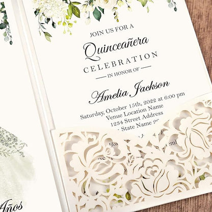DORIS HOME 50pcs Laser Cut Quinceanera Invitations Green and Ivory White, 4.7x7.1 Blank Quince Invitations for 15th Birthday, Invitation cards for Sweet 16 with Envelopes