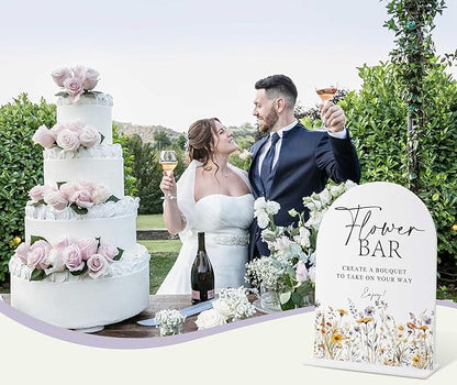 Wedding Signs for Ceremony and Reception, Boho Floral Acrylic Flower Bar Sign, Wedding Signage with Stand, Bridal Shower Table Centerpieces, Flower Bar Supplies for Engagement Reception Events, 22