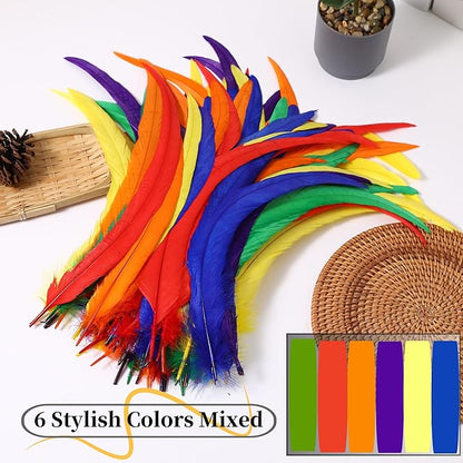 Holmgren Colorful Rooster Tail Feathers - 60pcs 12-14inch Natural Long Rooster Tail Feathers Bulk for DIY Crafts Hats Costume, Holiday Themed Party Decoration (Colorful)