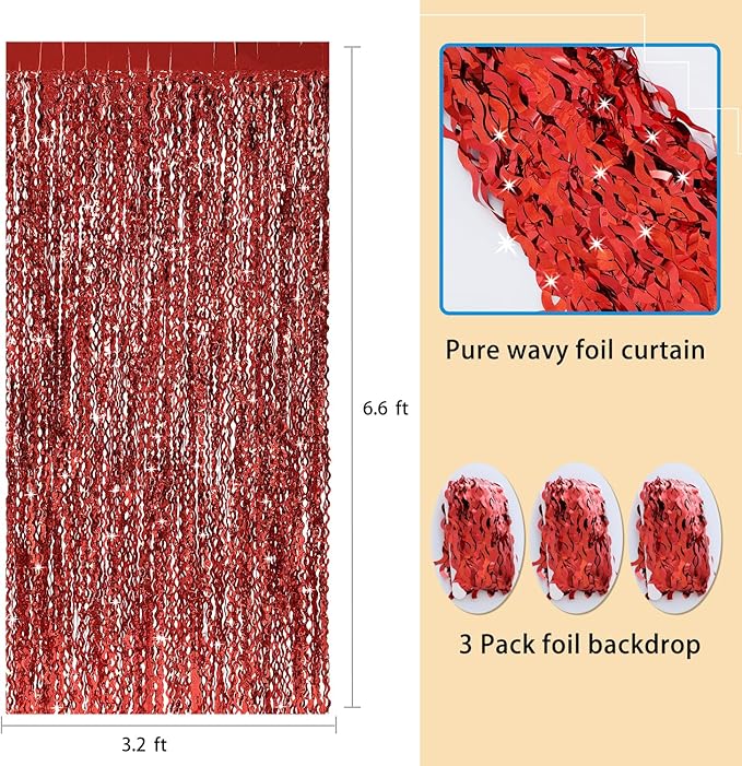 3 Pack Red Aluminium Foil Curtains, 3.3ft x 6.6ft, Wavy Shape, for Party Decorations & Photo Background