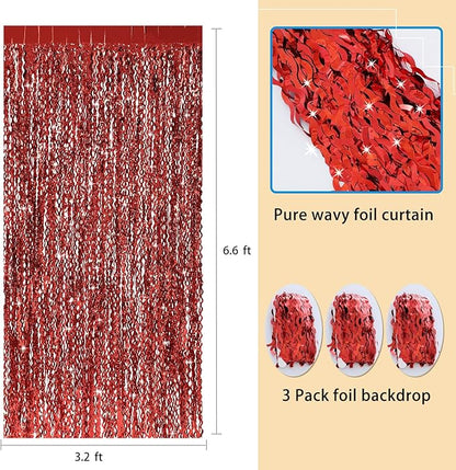 3 Pack Red Aluminium Foil Curtains, 3.3ft x 6.6ft, Wavy Shape, for Party Decorations & Photo Background