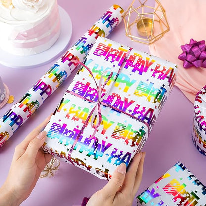 Yarcony Birthday Wrapping Paper Roll, Mini Roll Gift Wrapping Paper, Colorful Foil Girl Happy Birthday Gift Wrap Rainbow Present Paper for Boys Girls, Holiday,Party,Baby Shower(17 Inch X 16.5 Feet)