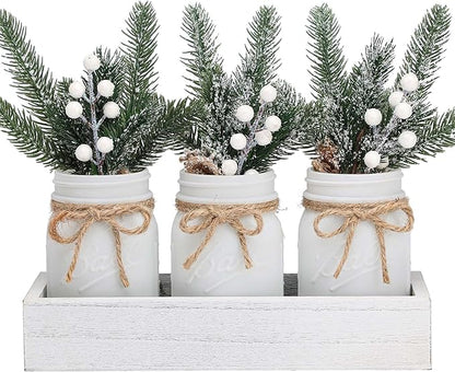 Mason Jars by Winter White, White Centerpieces & Wood Tray, 3 Decorative Jars for Home Table Decor, Farmhouse Dining Table & Kitchen Decorations