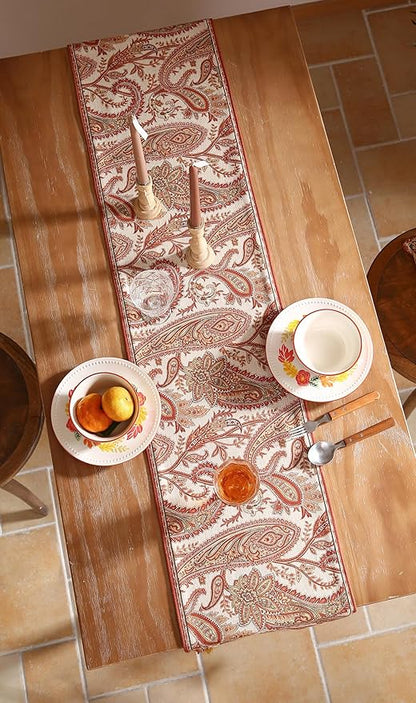 ISAENNE Designer Elegant Red Linen Table Runner 102 Inches Long,Vintage Paisley Pattern Durable Table Runners for Dining Tables,Thanksgiving,Kitchen Tables,Christmas,12"*102"-Chauffrey A