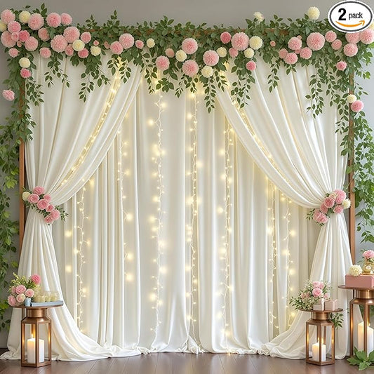 Ivory Backdrop Curtains with Lights for Baby Shower,10x10FT Wrinkle Free Ivory Drapes Photo Backdrop Curtains for Wedding Birthday Party Ceremony Photography Photoshoot Decorations-5ft x 10ft