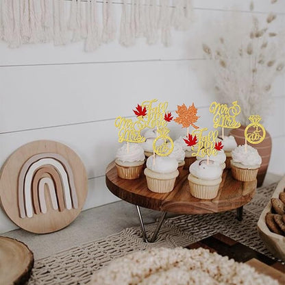 24 PCS Fall in Love Cupcake Toppers Glitter Maple Leaf Cupcake Picks Mr & Mrs Diamond I Do Cupcake Decorations for Autumn Wedding Engagement Bridal Shower Theme Party Cake Decorations Supplies
