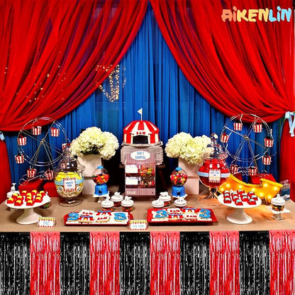 6 Pack 29x108 Inch Black Red Metallic Foil Fringe Tinsel Table Skirts for Rectangle Tables Streamer Curtains Backdrop for Wedding, Casino Viva Las Vegas Game Night Birthday Party Decoration