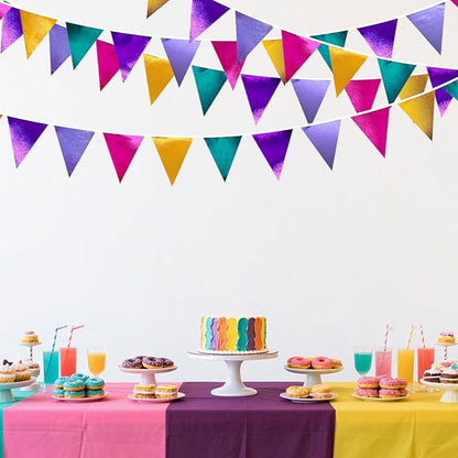 Colorful Party Decorations Hot Pink Teal Purple Metallic Fabric Triangle Pennant Banner Flag Bunting for Fiesta Carnival Rainbow Multi-color Birthday Wedding Baby Shower Holiday Outdoor Party Supplies
