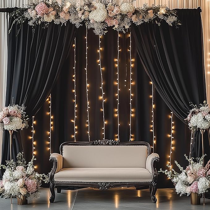 60ftx14ft Wrinkle Free Black Backdrop Curtain, 12 Panels 14FT Height Black Wedding Backdrop Drapes, Silky Polyester Back Drop Cloth for Birthday Photography Background Party Backdrop Draping