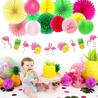 Hawaiian Luau Birthday Party-Decorations Supplies - 21pcs Happy Banner,Beach Paper Lanterns Honeycomb,Flamingo Pool Streamers Garland,Summer Tissue Pom Poms Flowers Fans,Tropical Tiki Decor Burgleda