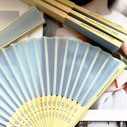 Personalized Engraved Light Blue Fans, Folding Hand Fans 70 Pcs, Wedding Party Favors, Custom Silk-Bamboo Fans