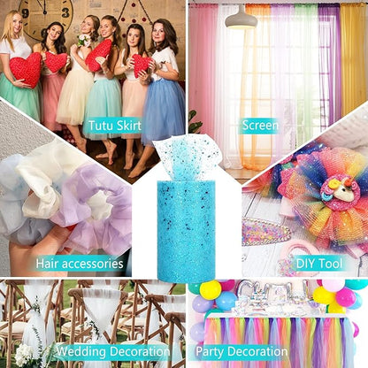 Glitter Tulle Rolls, 6” by 50 Yards (150FT) Sparkling Tulle Spool Ribbon Sequin Tulle Netting Fabric for Tutu Skirt Wedding Birthday Baby Shower (Light Blue)