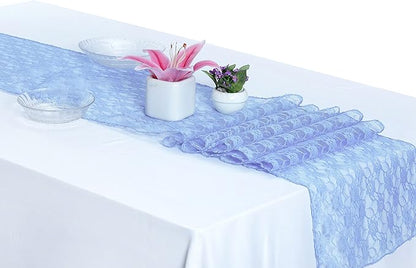 MDS Pack of 15 Wedding 12 x 108 inches Lace Table Runner for Wedding, Decorations for Birthday Parties, Banquets, Graduations, Engagements, and Runners fit Rectangle, Round Table- Baby Blue
