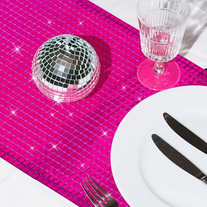 SquarePie Disco Table Runner Mirror Glitter Hot Pink Sequin Runner for 70s 80s Disco Dance Bachelorette Party Supplies Table Decorations (12x108 Inches ,2 Pack)