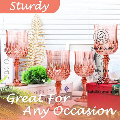 Plastic Wine Glasses，Plastic Goblets Vintage Style Cordial Drinking Glasses for Wedding Reception, Grand Event Party Supplies (12, Rose Gold)