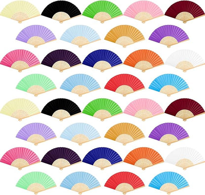 URATOT 36 Pieces Multicolor Folding Fans Silk Bamboo Folding Fans Handheld Fan for Wedding, Party Decoration