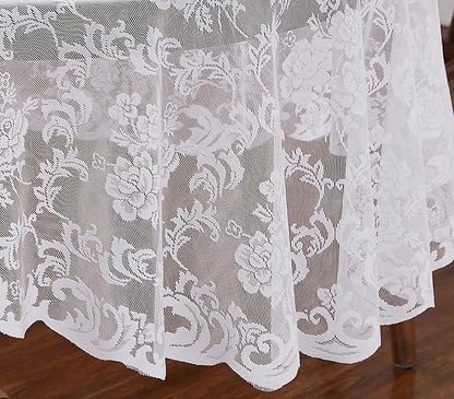 LinenZone White Round Tablecloth for Rustic Vintage Decor. Sheer Lace Table Cloth Works Great As Wedding Tablecloth or Thanksgiving Table Cover. (Mia 60 Round, White)