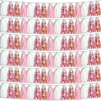 6P Pink White Peach Rose Gold Tassels Foil Fringe Metallic Garland Banner, Tassels Banner Streamers for Parade Floats, Bachelorette, Wedding, Birthday, Christmas, Bridal/Baby Shower Party Decorations