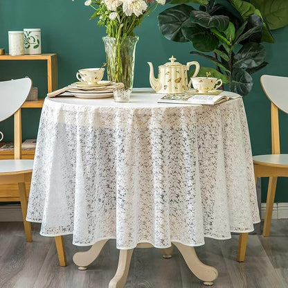 Lace Tablecloth Leaf Pattern Warp Knitting Fabric Solid White Round Table Cover for Kitchen Dining Farmhouse Wedding Party Decor Ivory, 70 Inch