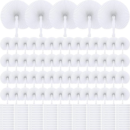MCEAST 160 Pack Folding Wedding Paper Fans White Handheld Folding Fan Round Shaped Wedding Fans with Plastic Handle for Wedding Birthday Party Favors Supplies Home Decoration (Round)