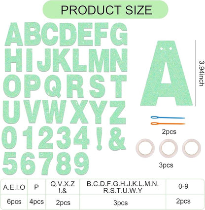 BEISHIDA 116 PCS Glitter Light Green DIY Letter Banner Kit Make Your Own Banner，Including 111 Letters and Numbers 3 Rope and 7 Threading Device,Customized for Birthday Graduation Wedding Party Decor