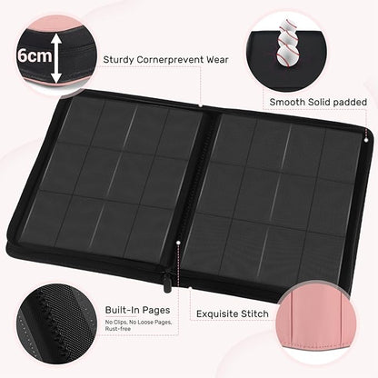 12 Pocket Card Binder, Zipper Trading Card Binder, 720 Large Capacity Side Loading Non-Ring Card Album, Double Sided Acid-Free Card Protector Binder, Card Collection for TCG, MTG, Sport Card, Pink
