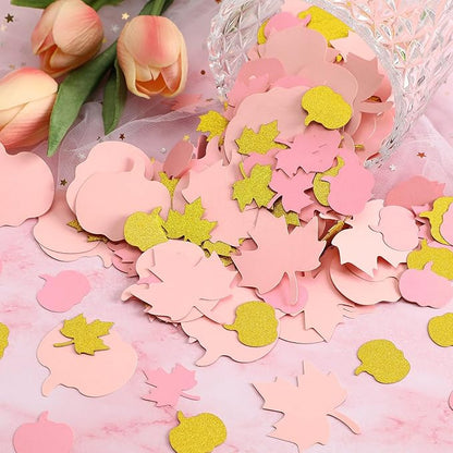 MARFOREVER 350 Pcs Fall Thanksgiving Pink and Gold Pumpkin Maple Leaf Confetti, Little Pumpkin Baby Shower Glitter Confetti Thanksgiving Table Decorations for Autumn Birthday Party Supplies