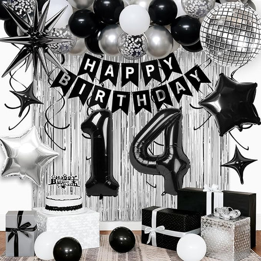 14th Birthday Decorations for Boys Girls, Black Silver Happy Birthday Party Decorations， 14 Year Old Party Supplies with Number 14 Balloons, Banner, Fringe Curtains Kit