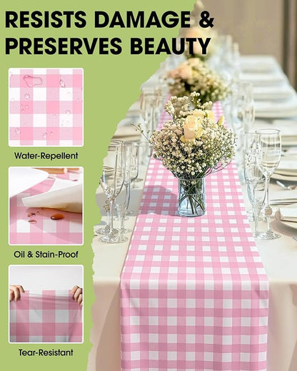 Pureegg Gingham Plastic Table Runners - 10 Pack, 14'' x 108'', Water Resistant & Disposable Plaid Centerpiece Decorations for Table Cloth, Birthday, Holiday, Party, Pink and White Checkered Home Decor