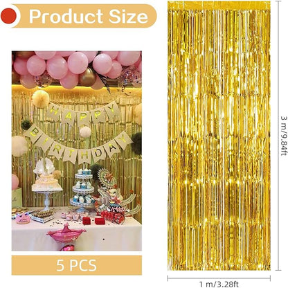 5 Pack Gold Foil Curtain Backdrop 3.2ft x 9.8ft Metallic Tinsel Foil Fringe Curtains Streamer Photo Booth Backdrop for Birthday Party Engagement Bachelorette Party Decorations (Gold)