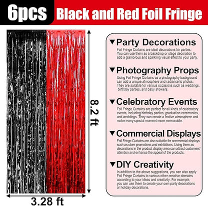 6 Pack Black Red Foil Fringe Curtain Backdrop, 3.28Ft x 8.2Ft Metallic Tinsel Foil Fringe Streamer Curtains for Photo Booth, Birthday, Wedding, New Year Party Decorations