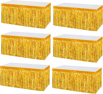 6 Pack 29x108 Inch Metallic Foil Fringe Tinsel Table Skirts Banner for Rectangle Tables Streamer Garland Curtains Backdrop for Wedding, Birthday, Parade Floats, Christmas Party Decoration(New Gold)