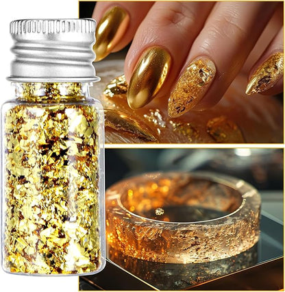 5Pcs Decorative Gold Leaf, Multifunction Gold Flakes Cake Decoration Baking Foil Decor with Plastic Tweezers for Cooking Dessert Steak Decoration Crafts Makeup