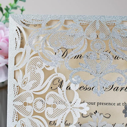 Hosmsua 50PCS Personalized Silver Glitter Laser Cut Wedding Invitation Cards With Envelopes 6.3 x 6.3 Inch Hollow Lace Rose Pocket and for Quinceanera Wedding Invite (Silver Glitter)