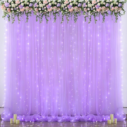 Lavender Tulle Backdrop Curtain with Led Lights for Wedding Baby Shower Girls 10ft X 8ft Lilac Lavender Sheer Backdrop Curtain for Birthday Party Bridal Shower Photoshoot Background Decorations