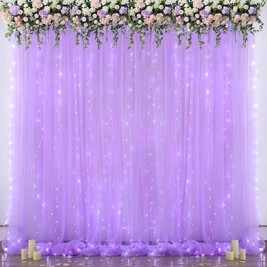 Lavender Tulle Backdrop Curtain with Led Lights for Wedding Baby Shower Girls 10ft X 8ft Lilac Lavender Sheer Backdrop Curtain for Birthday Party Bridal Shower Photoshoot Background Decorations