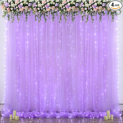 Lavender Tulle Backdrop Curtain with Lights String for Wedding Baby Shower 20×8ft Lavender Sheer Backdrop Curtain for Bridal Shower Birthday Party Photoshoot Background Decorations(4 Panels 5×8ft)