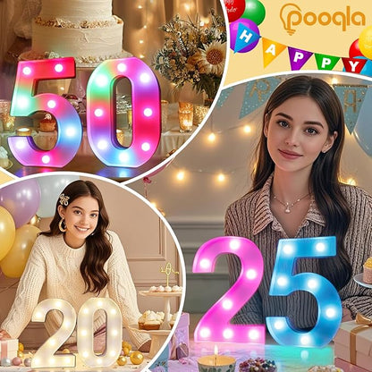 Pooqla 20th Birthday Decorations for Her Him, 35 Colors LED Light Up Numbers with Remote, Multicolor Marquee Numbers 20 Sign for Party Wedding Anniversary Decor 20th Birthday Gift, Number 20