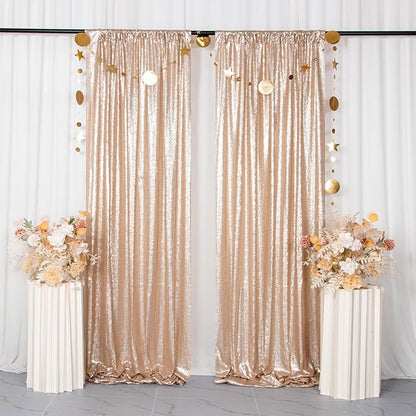 ShinyBeauty Champagne Backdrops 2 Pieces Sequin Curtains 4FTx7FT Photograph Backdrop Shimmer Curtain Panels Sparkle Fabric Glitter Background for Party Wedding Holiday New Year Decor
