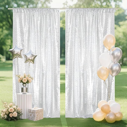 SquarePie Sequin Backdrop Curtain 8FT x 10FT Silver Satin Backing Fabric Photography Background for Wedding Patry 4FT x 10FT 2 Panels