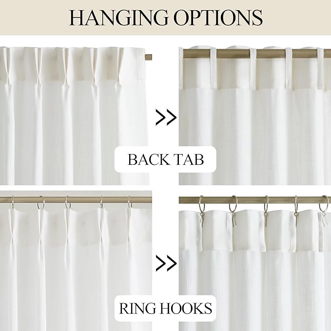 Vision Home White Pinch Pleated Semi Sheer Curtains Textured Light Filtering Window Curtains 120 inch for Living Room Bedroom Rayon Blended Pinch Pleat Drapes with Hooks 2 Panels 10ft 40" Wx120 L