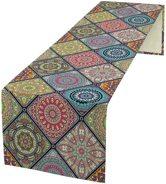 Boho Bohemian Table Runner, Vintage Indian Floral Print Table Cover for Farmhouse Kitchen Dining Table Decor Holiday Party, 13x60inch