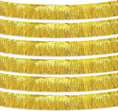 Gold Foil Fringe Garland 10FT 6packs, Metallic Foil Tinsel Fringe Banners for Parade Float Decorations Wedding, Birthday Party Graduation (six Gold)