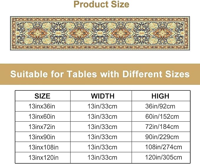 Vintage Boho Floral Table Runner, Elegant Luxurious Rustic Country Farmhouse Navy Blue Gold Retro Flower Pattern for Home Kitchen Table Decor Dining Coffee Room Party Decor 13x90in