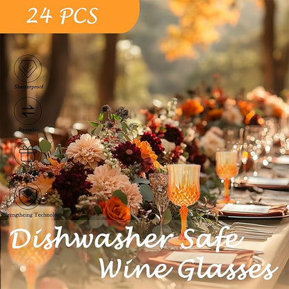 Plastic Wine Glasses，Orange Goblets Vintage Style Cordial Drinking Glasses for Wedding Reception, Halloween Grand Event Party Supplies (24, Pumpkin orange)